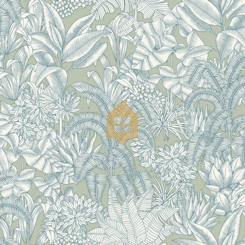 Papel pintado Palmaris de Caselio Blue Shades con motivo de hojas tropicales de líneas finas y delicadas sobre fondo liso.