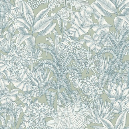 Papel pintado Palmaris de Caselio Blue Shades con motivo de hojas tropicales de líneas finas y delicadas sobre fondo liso.