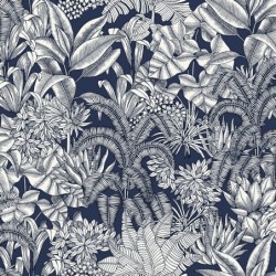 Papel pintado Palmaris de Caselio Blue Shades con motivo de hojas tropicales de líneas finas y delicadas sobre fondo liso.