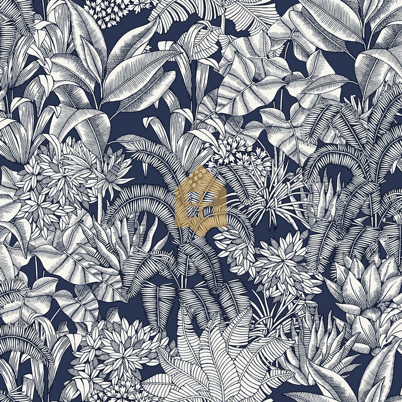 Papel pintado Palmaris de Caselio Blue Shades con motivo de hojas tropicales de líneas finas y delicadas sobre fondo liso.