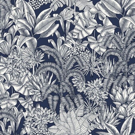 Papel pintado Palmaris de Caselio Blue Shades con motivo de hojas tropicales de líneas finas y delicadas sobre fondo liso.