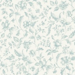 Papel pintado Pastelia de Caselio Blue Shades con estampado clásico de estilo Toile de Jouy en versión ligera y fondo blanco.