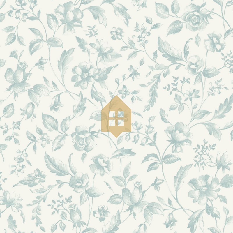Papel pintado Pastelia de Caselio Blue Shades con estampado clásico de estilo Toile de Jouy en versión ligera y fondo blanco.