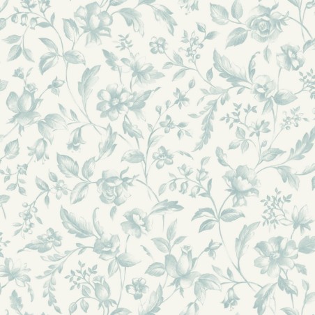 Papel pintado Pastelia de Caselio Blue Shades con estampado clásico de estilo Toile de Jouy en versión ligera y fondo blanco.