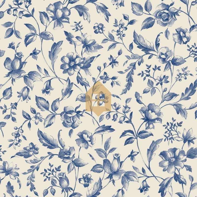 Papel pintado Pastelia de Caselio Blue Shades con estampado clásico de estilo Toile de Jouy en versión ligera y fondo blanco.