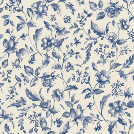 Papel pintado Pastelia de Caselio Blue Shades con estampado clásico de estilo Toile de Jouy en versión ligera y fondo blanco.