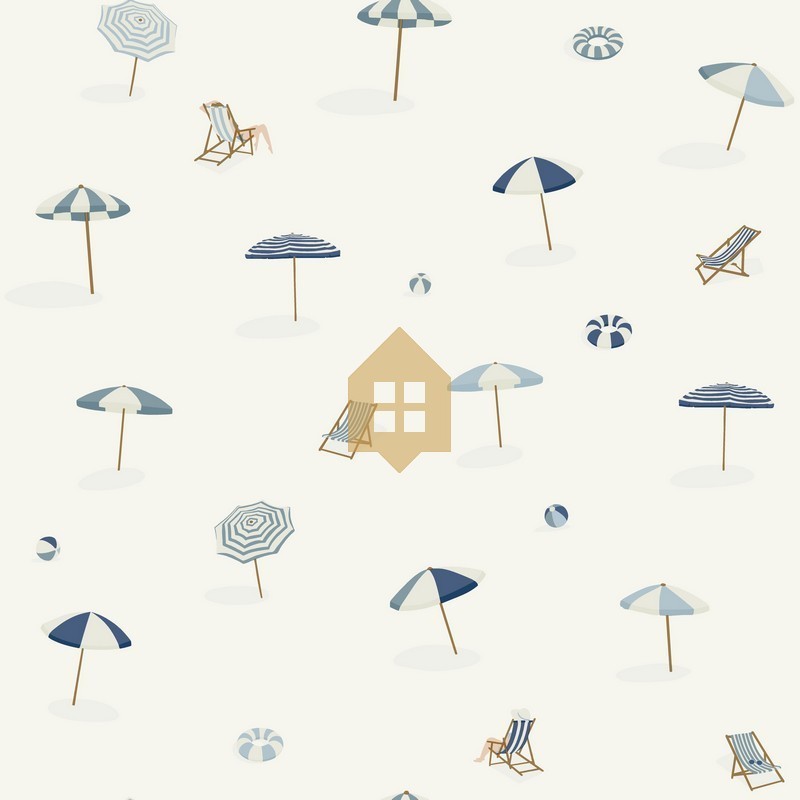 Papel pintado Solara de Caselio Blue Shades con patrón figurativo de bañistas, sombrillas y tumbonas de playa en estilo gráfico.