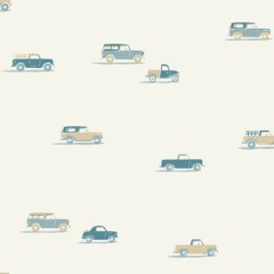Papel pintado Pick Up de Caselio Happy Kids Club con patrón de siluetas de coches de juguete en estilo minimalista y moderno.