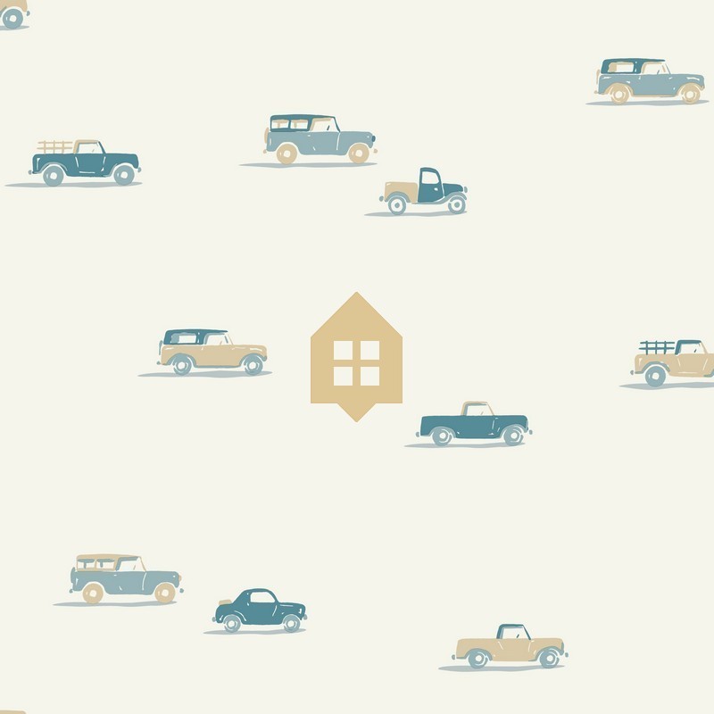 Papel pintado Pick Up de Caselio Happy Kids Club con patrón de siluetas de coches de juguete en estilo minimalista y moderno.