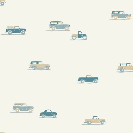 Papel pintado Pick Up de Caselio Happy Kids Club con patrón de siluetas de coches de juguete en estilo minimalista y moderno.