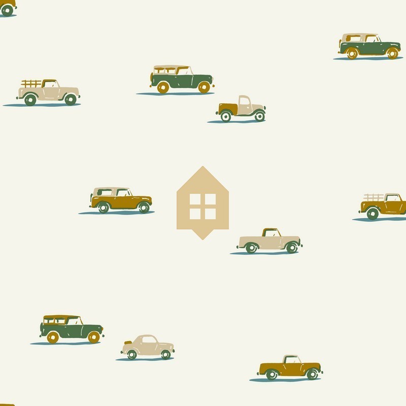 Papel pintado Pick Up de Caselio Happy Kids Club con patrón de siluetas de coches de juguete en estilo minimalista y moderno.