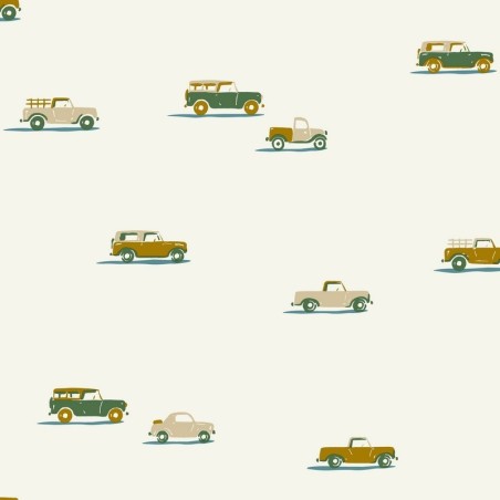 Papel pintado Pick Up de Caselio Happy Kids Club con patrón de siluetas de coches de juguete en estilo minimalista y moderno.