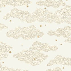 Papel pintado infantil Little Clouds de Caselio Happy Kids Club con patrón de nubes pequeñas formadas por trazos punteados.