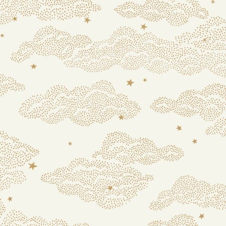 Papel pintado infantil Little Clouds de Caselio Happy Kids Club con patrón de nubes pequeñas formadas por trazos punteados.