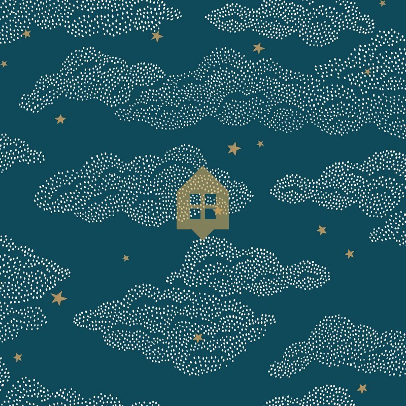 Papel pintado infantil Little Clouds de Caselio Happy Kids Club con patrón de nubes pequeñas formadas por trazos punteados.