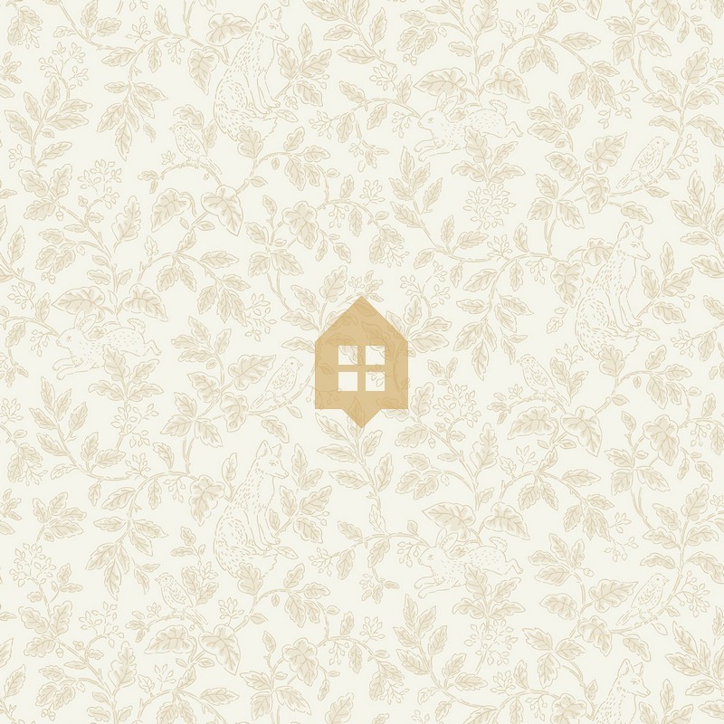 Papel pintado infantil Mini Wood de Caselio Happy Kids Club con diseño de bosque y animales en estilo clásico toile de Jouy.