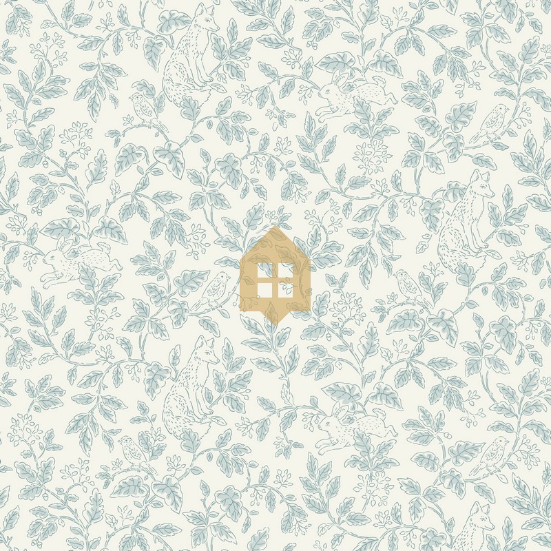 Papel pintado infantil Mini Wood de Caselio Happy Kids Club con diseño de bosque y animales en estilo clásico toile de Jouy.