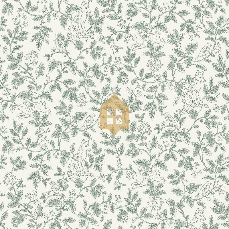 Papel pintado infantil Mini Wood de Caselio Happy Kids Club con diseño de bosque y animales en estilo clásico toile de Jouy.