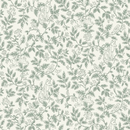 Papel pintado infantil Mini Wood de Caselio Happy Kids Club con diseño de bosque y animales en estilo clásico toile de Jouy.