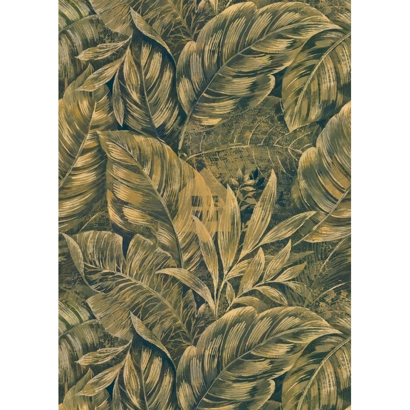 Fotomural panorámico Karipuna de Casadeco con diseño de grandes hojas tropicales y relieve con efecto 3D.
