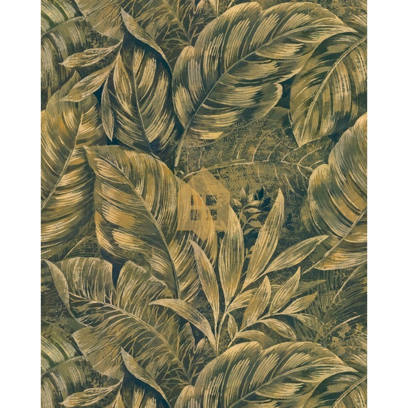 Fotomural panorámico Karipuna de Casadeco con diseño de grandes hojas tropicales y relieve con efecto 3D.