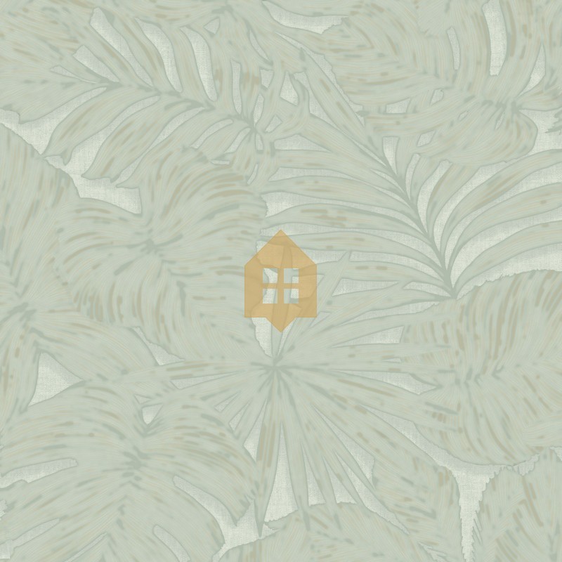 Papel pintado Granada de Casadeco con motivo de palma de gran formato y fondo de color liso con textura de grano.
