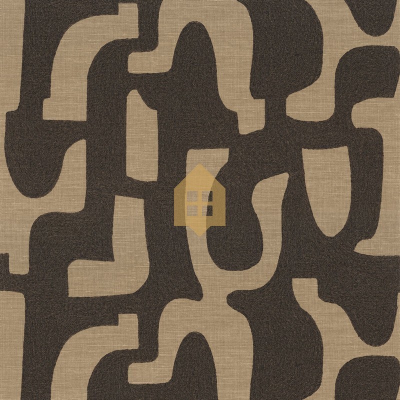 Papel pintado Seran de Casamance con diseño de formas orgánicas bordadas sobre textura de lino natural.