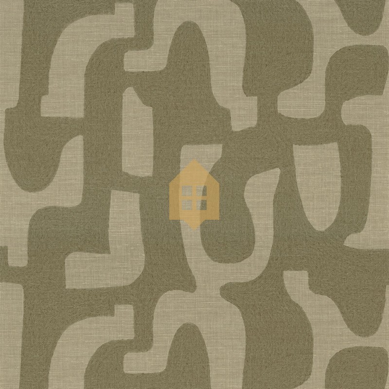 Papel pintado Seran de Casamance con diseño de formas orgánicas bordadas sobre textura de lino natural.