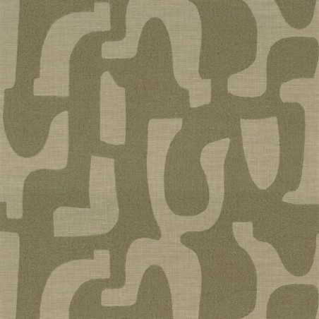 Papel pintado Seran de Casamance con diseño de formas orgánicas bordadas sobre textura de lino natural.