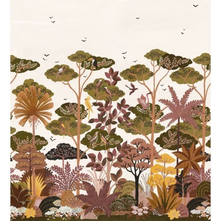 Mural panorámico Kandy de Casamance con diseño de selva tropical, aves exóticas y textura de paja natural.