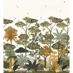Mural panorámico Kandy de Casamance con diseño de selva tropical, aves exóticas y textura de paja natural.