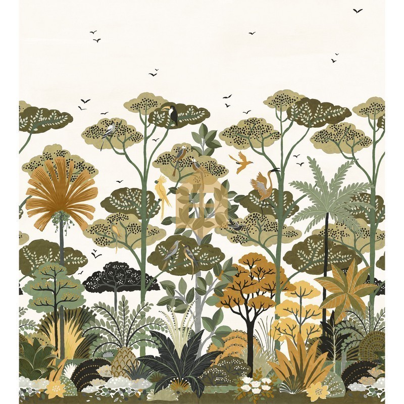 Mural panorámico Kandy de Casamance con diseño de selva tropical, aves exóticas y textura de paja natural.