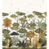 Mural panorámico Kandy de Casamance con diseño de selva tropical, aves exóticas y textura de paja natural.