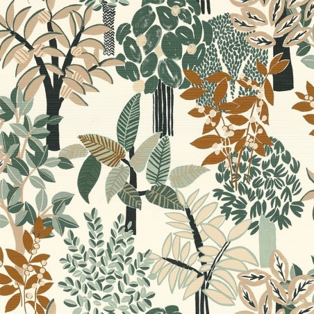 Papel pintado Peradeniya de Casamance con diseño botánico de bambúes y textura de fibra natural tipo seagrass.