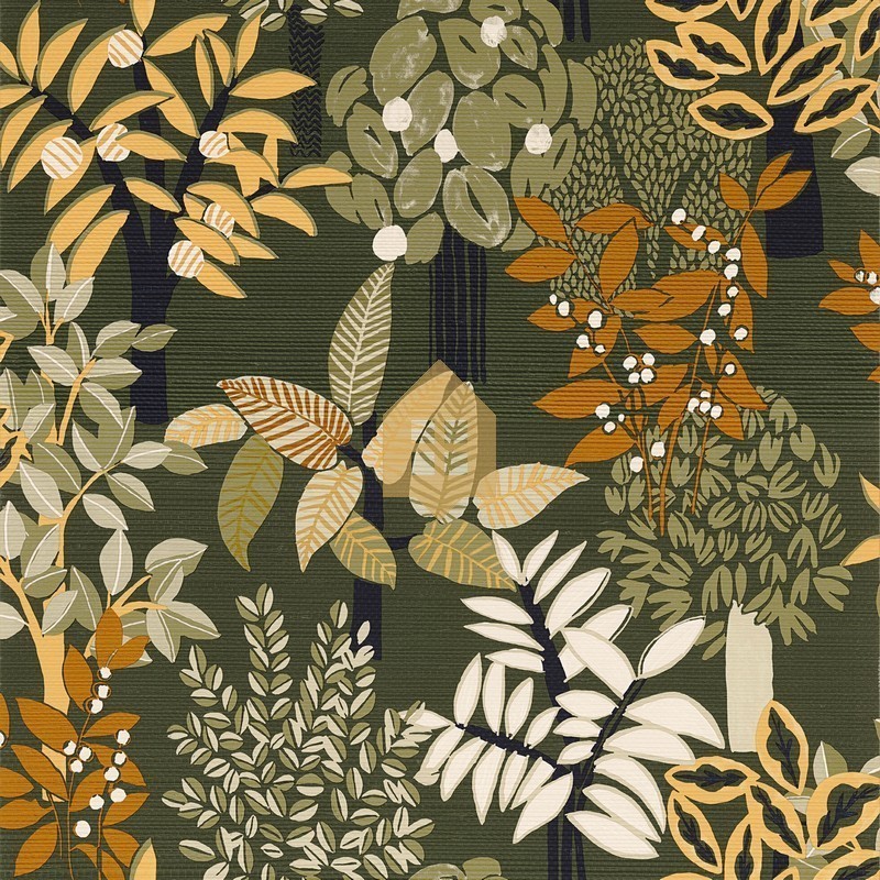 Papel pintado Peradeniya de Casamance con diseño botánico de bambúes y textura de fibra natural tipo seagrass.