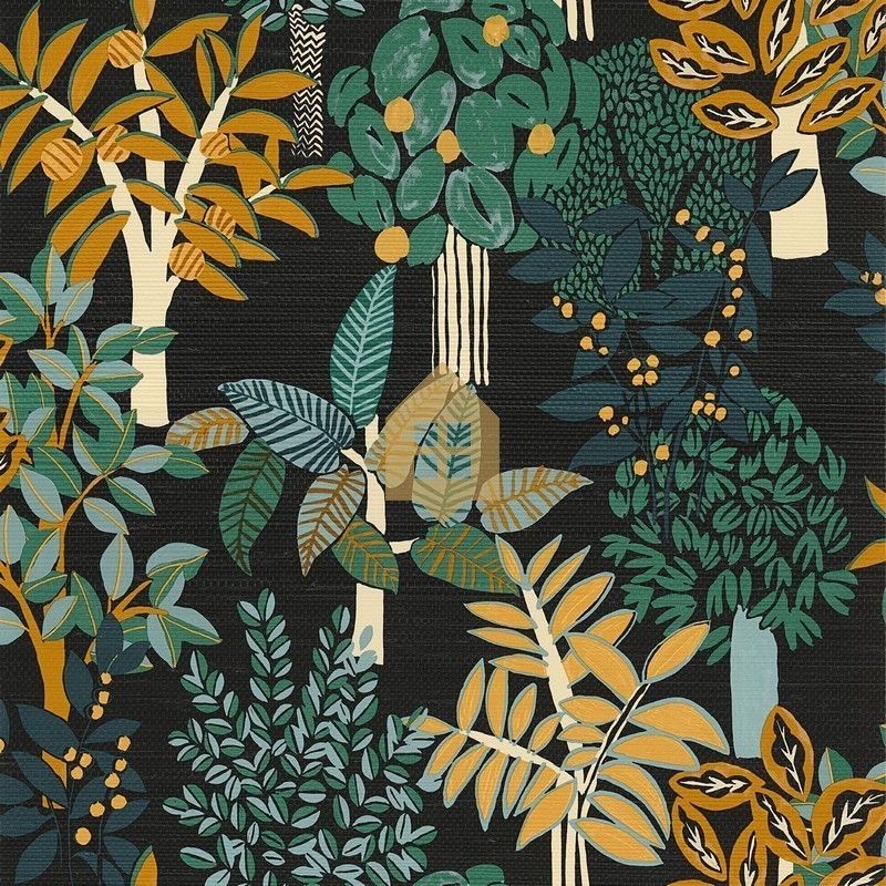 Papel pintado Peradeniya de Casamance con diseño botánico de bambúes y textura de fibra natural tipo seagrass.