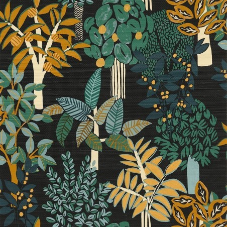Papel pintado Peradeniya de Casamance con diseño botánico de bambúes y textura de fibra natural tipo seagrass.