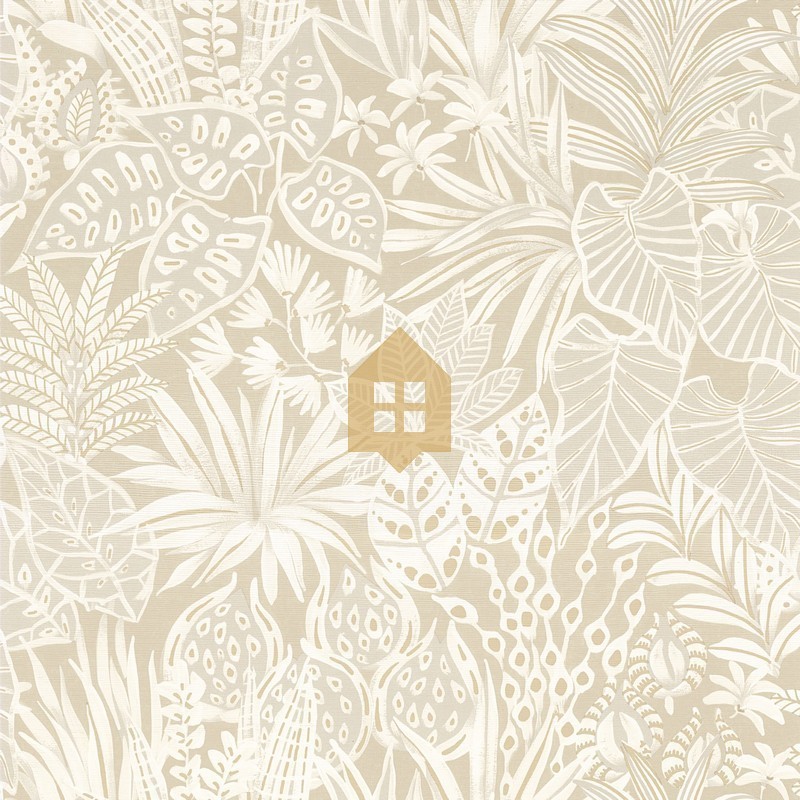 Papel pintado Madhuca de Casamance con diseño de hojas pintadas a mano sobre fondo con textura de paja natural.