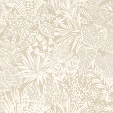 Papel pintado Madhuca de Casamance con diseño de hojas pintadas a mano sobre fondo con textura de paja natural.