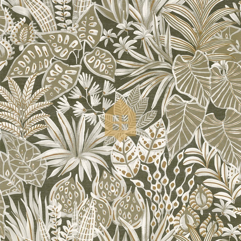 Papel pintado Madhuca de Casamance con diseño de hojas pintadas a mano sobre fondo con textura de paja natural.