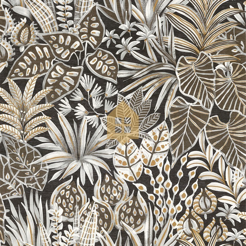Papel pintado Madhuca de Casamance con diseño de hojas pintadas a mano sobre fondo con textura de paja natural.