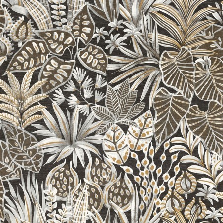 Papel pintado Madhuca de Casamance con diseño de hojas pintadas a mano sobre fondo con textura de paja natural.