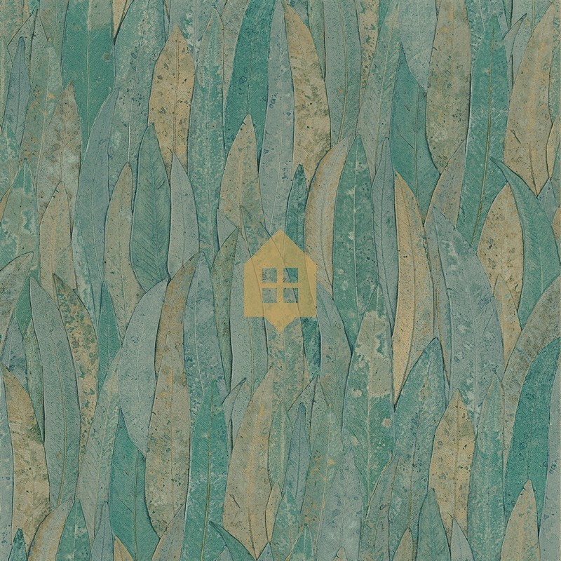 Papel pintado Neluwa de Casamance con diseño detallado de hojas de eucalipto y textura que resalta las nervaduras vegetales.