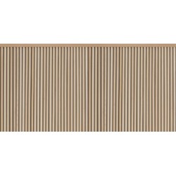 Papel pintado tipo zócalo Wood Base de Caselio con relieve tridimensional que imita paneles y molduras de madera clásicas.